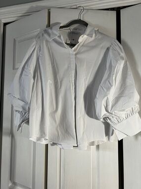 Reserved White Puff Sleeve Button-Front Blouse